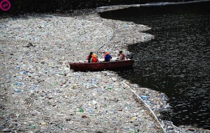 Voluntanrios intentando limpiar botellas plásticas y otra basura en un río de Bulgaria
